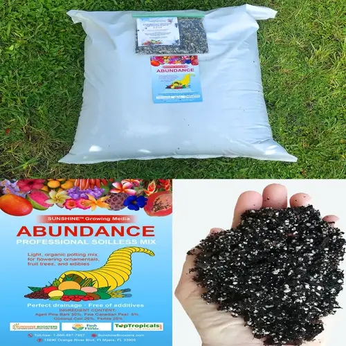 abundance soilless potting mix bag, label, and close-up of dark mix in a hand