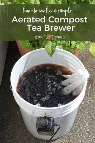 aerated compost tea brewing bucket with pump and mesh bag outdoors