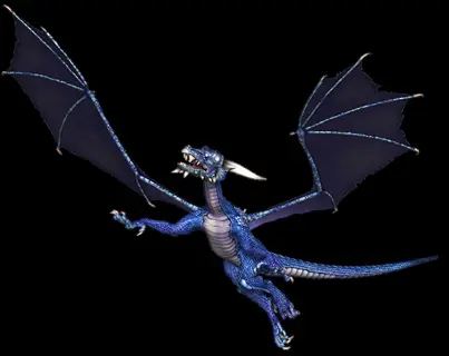 blue fantasy dragon with dragon wings flying on a black background