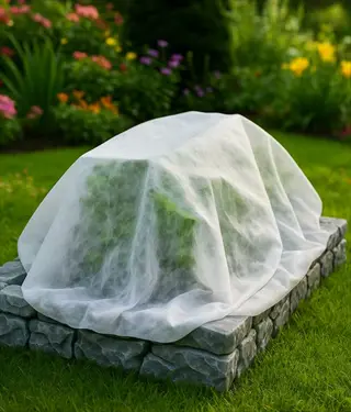 fall garden lettuce cloche protecting plants in a raised stone bed