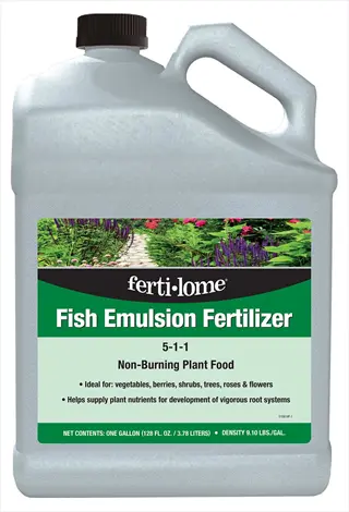 ferti-lome fish emulsion fertilizer jug with garden label