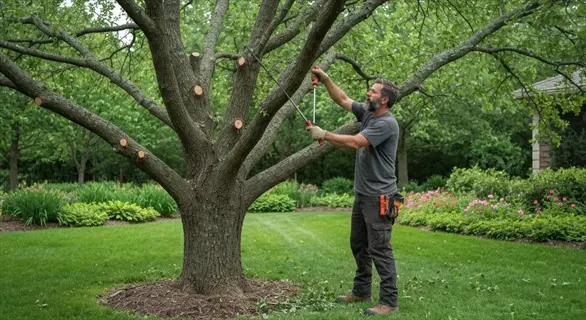 fruit tree inspection: arborist pruning branches in a landscaped garden