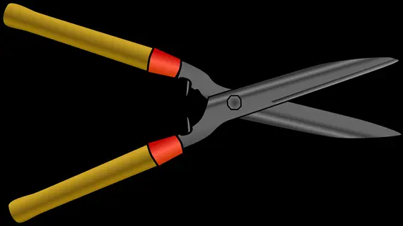 garden hedge shears with yellow handles and gray blades on a black background