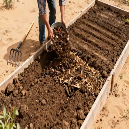 gardener adding coconut coir soil to a raised garden bed