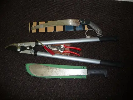gardening tools on a carpet, including a folding pruning saw, loppers, pruners and a machete