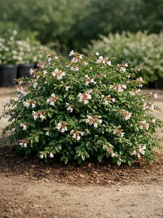 glossy abelia shrub with pink-white flowers in a garden bed