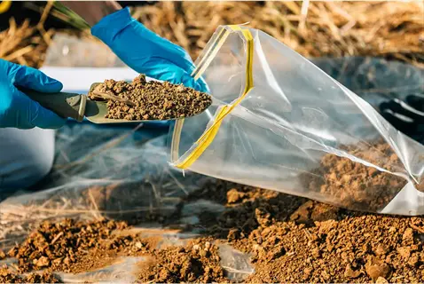 gloved hands placing soil into a soil sample lab envelope outdoors