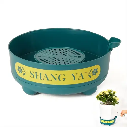 green houseplant bottom watering tray with shang ya label and inset showing potted plant use
