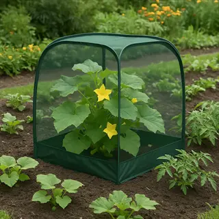 green mesh cloche covering soil and a flowering squash plant in a garden bed