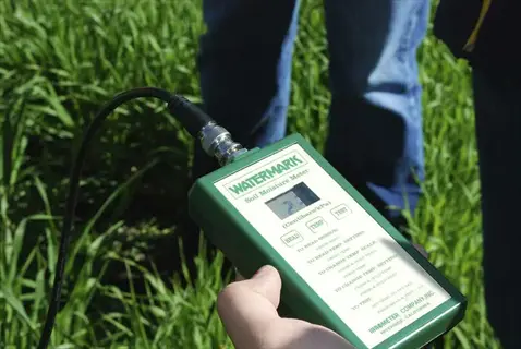 hand holding a soil moisture meter pot tester in green grass