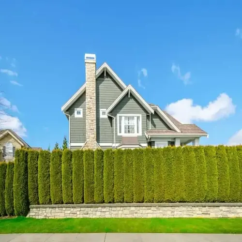house behind a tall green privacy hedge with stone wall, lawn, and blue sky