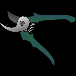illustration of bypass pruning shears with curved blades and green handles