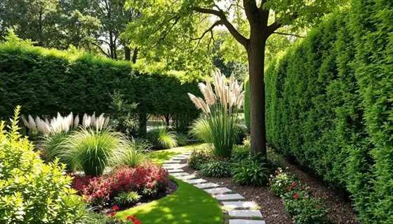 juniper shrub garden with stone path, tall hedges, ornamental grasses, flowers, and a shaded tree