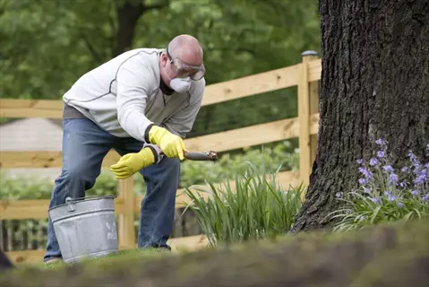 man wearing gloves and mask doing garden tool disinfection near a tree