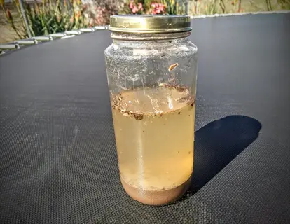 mason jar soil layers in cloudy water on a trampoline outdoors