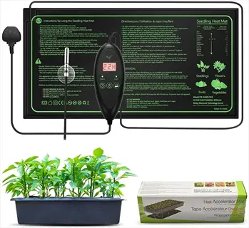 seedling heat mat kit with thermostat, plant tray, and packaging