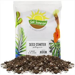 soil sunrise moistening seed starting mix bag with loose soil pile