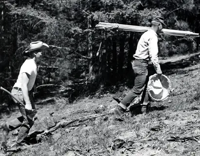 two workers carrying a pole pruner tool and gear on a wooded hillside