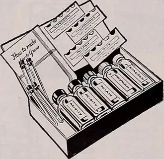 vintage illustration of a home soil test kit with labeled bottles and instruction cards