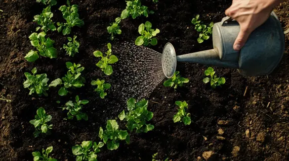 watering can flushing soil around young green seedlings in a garden bed