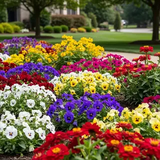 winter pansies colorful in a vibrant garden bed with red, yellow, white and purple blooms