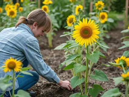 woman tending soil in a sunflower cut garden with blooming yellow sunflowers